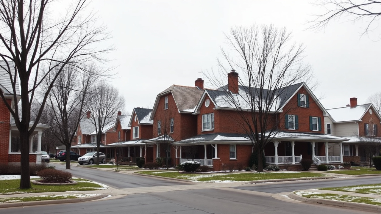 Snow-covered residential street in a Cleveland-area neighborhood near Lake Erie