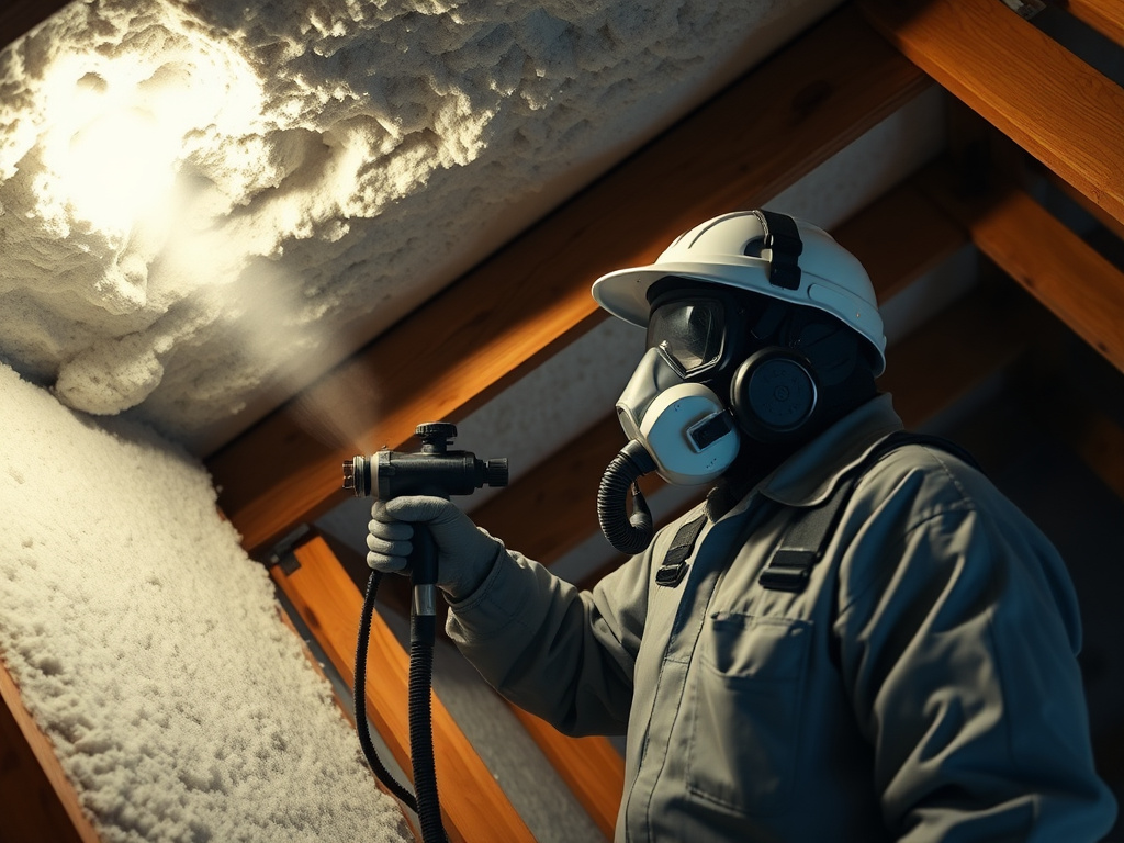 Technician spraying foam insulation onto an attic roof deck